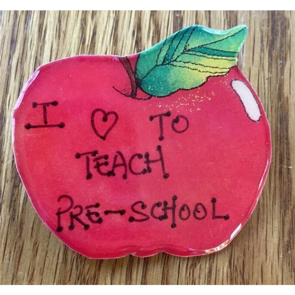 "I Love To Teach Preschool" Pin Brooch Handmade Acrylic/Paper Apple Teacher